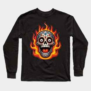 Sugar Skull Art - Flaming Skull Long Sleeve T-Shirt